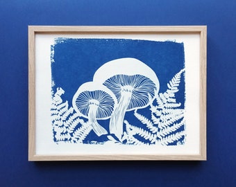 Cyanotype poster gift, fern & mushroom art, forest print art for nursery, woodland nursery decor for boy and girl