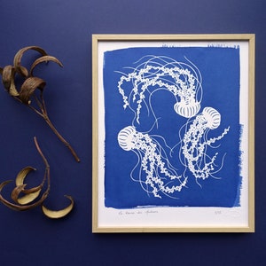 Jellyfish original cyanotype, blue wall art, ocean print, beach wall decor, nursery wall art image 1