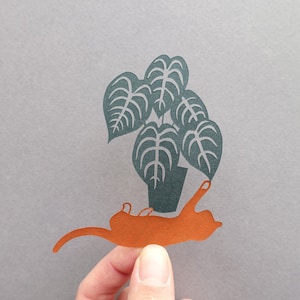 Lucky black cat playing with Anthurium Clarinervium, Personalized papercut, original Christmas gift for houseplants lover