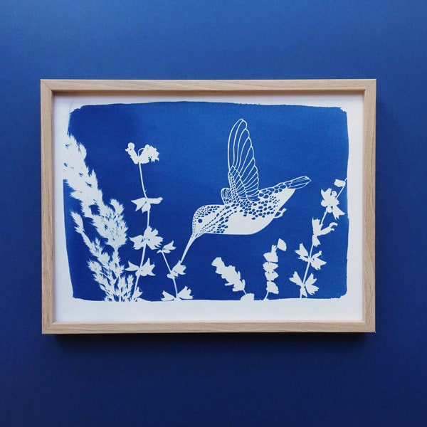 Hummingbird original cyanotype art, Botanical print, Indigo blue print, Wall art for framing, hummingbird gift