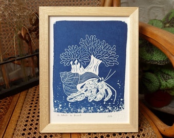 Original cyanotype, hermit crab with sea anemones on his shell, coastal wall art for ocean lover, christmas gift for him