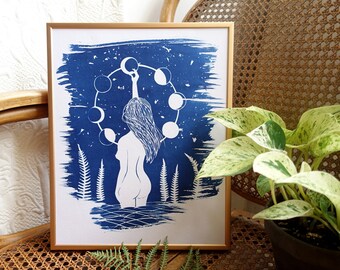 Cyanotype of a naked woman under the stars, moon print for celestial stars lovers, mystical witchy gift, moon phases, feminist art