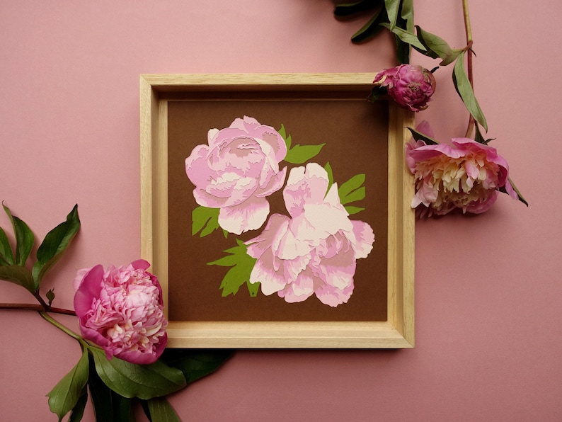 Light pink paper cut peonies original paper cut cut by hand botanical art 3D wall art home decoration image 1