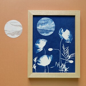 Pleine lune, Cyanotype 18x24 cm, affiche botanique bleue, cadeau original pour les amoureux des astres et des fleurs Cyanotype 10.