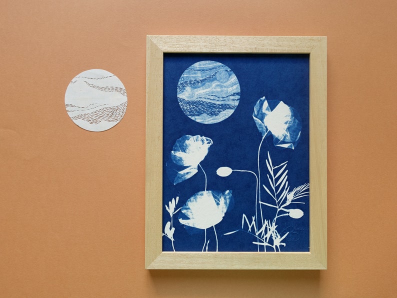Pleine lune, Cyanotype 18x24 cm, affiche botanique bleue, cadeau original pour les amoureux des astres et des fleurs Cyanotype 10.