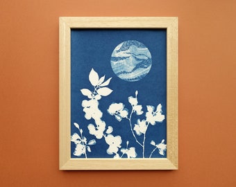 Wildflowers under the full moon cyanotype, 7x9,5" botanical print, blue moon poster for celestial stars lovers, Mothers' Day gift