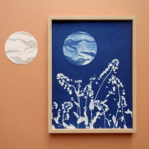 Wildflowers under the full moon cyanotype, 7x9,5 botanical print, blue moon poster for celestial stars lovers, Mothers' Day gift Cyanotype 5.