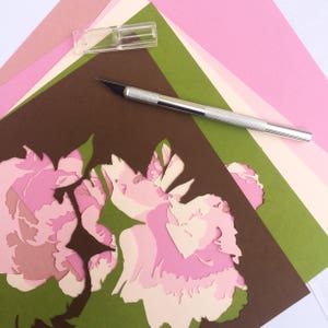 Light pink paper cut peonies original paper cut cut by hand botanical art 3D wall art home decoration image 6