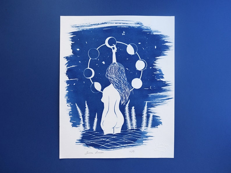 Cyanotype of a naked woman under the stars moon print for celestial stars lovers moon phases feminist art mystical witchy gift
