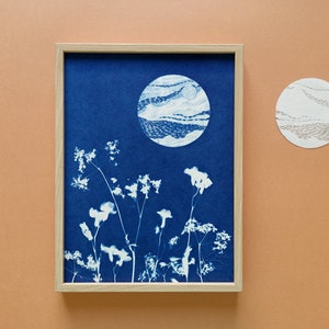 Wildflowers under the full moon cyanotype, 7x9,5 botanical print, blue moon poster for celestial stars lovers, Mothers' Day gift Cyanotype 7.