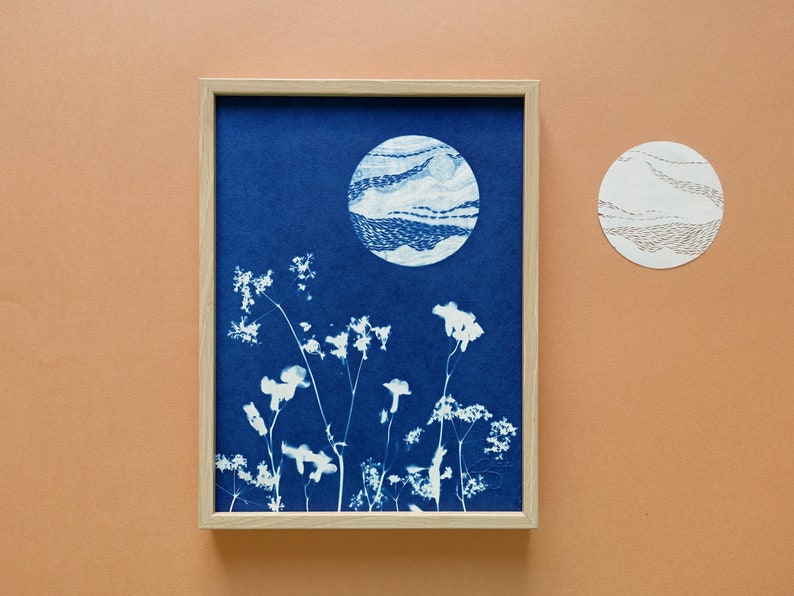 Wildflowers under the full moon cyanotype, 7x9,5 botanical print, blue moon poster for celestial stars lovers, Mothers' Day gift Cyanotype 7.