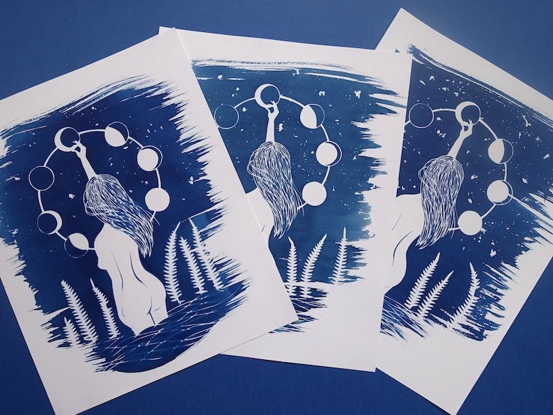 Cyanotype of a naked woman under the stars moon print for celestial stars lovers moon phases feminist art mystical witchy gift
