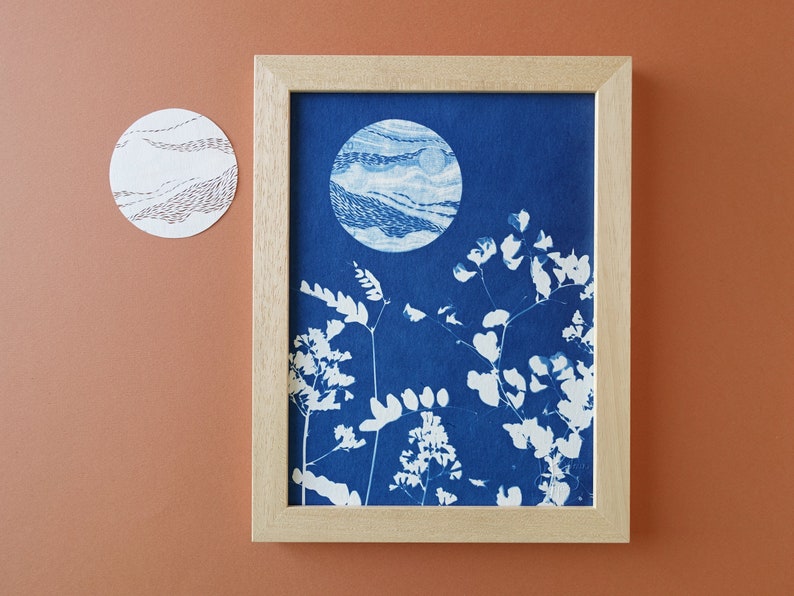 Pleine lune, Cyanotype 18x24 cm, affiche botanique bleue, cadeau original pour les amoureux des astres et des fleurs Cyanotype 9.