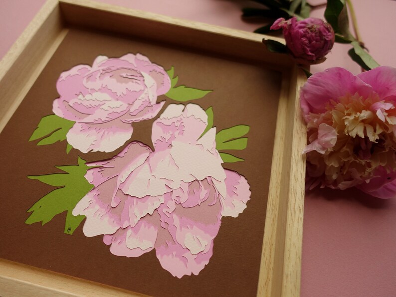 Light pink paper cut peonies original paper cut cut by hand botanical art 3D wall art home decoration image 2