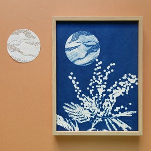 Wildflowers under the full moon cyanotype, 7x9,5" botanical print, blue moon poster for celestial stars lovers, Mothers' Day gift