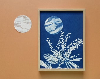 Wildflowers under the full moon cyanotype, 7x9,5" botanical print, blue moon poster for celestial stars lovers, Mothers' Day gift