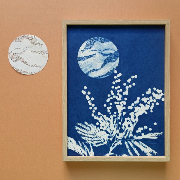 Pleine lune, Cyanotype 18x24 cm, affiche botanique bleue, cadeau original pour les amoureux des astres et des fleurs