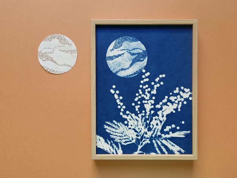 Pleine lune, Cyanotype 18x24 cm, affiche botanique bleue, cadeau original pour les amoureux des astres et des fleurs Cyanotype 1.
