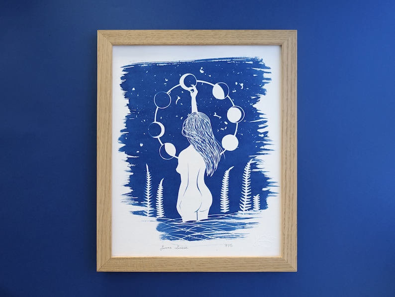 Cyanotype of a naked woman under the stars moon print for celestial stars lovers moon phases feminist art mystical witchy gift