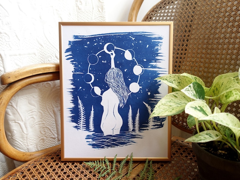 Cyanotype of a naked woman under the stars moon print for celestial stars lovers moon phases feminist art mystical witchy gift