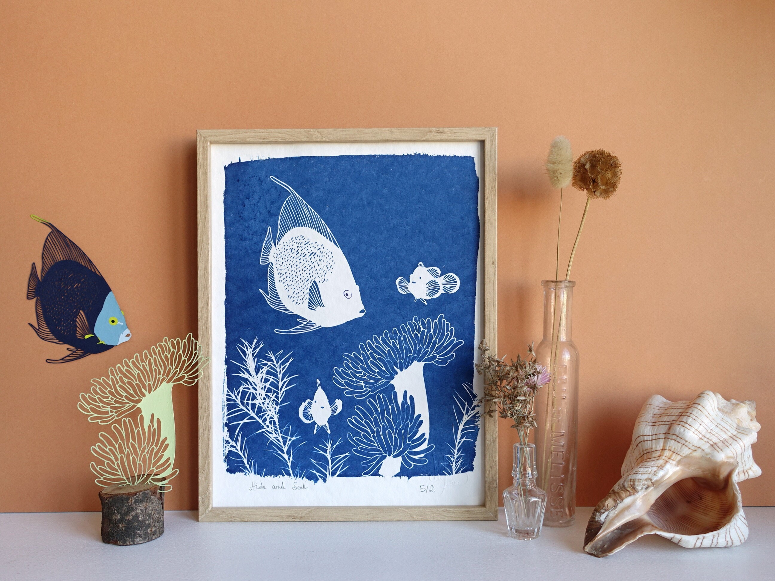 Cyanotype Fonds Marins Pour Chambre d'enfant, Poissons Clown et Anémone de Mer, Cadeau Naissance à E
