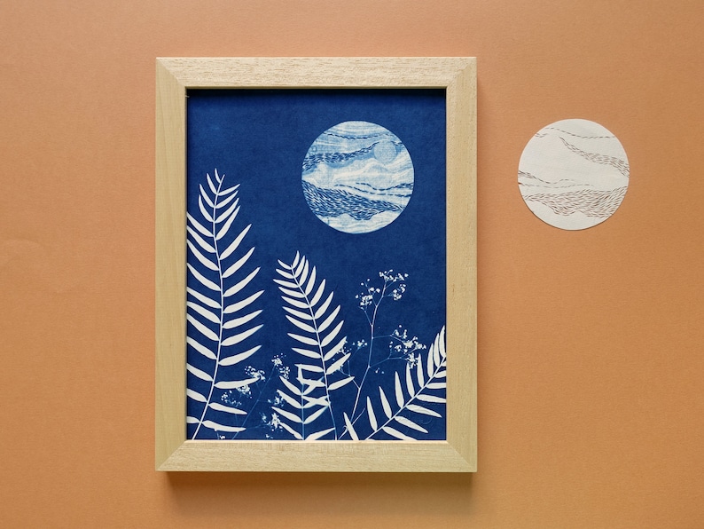 Pleine lune, Cyanotype 18x24 cm, affiche botanique bleue, cadeau original pour les amoureux des astres et des fleurs Cyanotype 8.