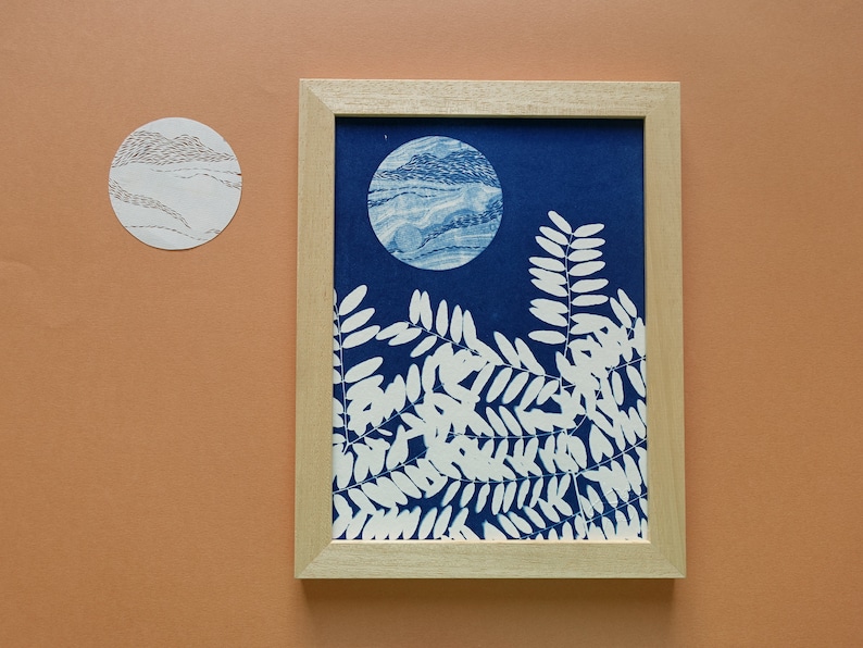 Pleine lune, Cyanotype 18x24 cm, affiche botanique bleue, cadeau original pour les amoureux des astres et des fleurs Cyanotype 3.