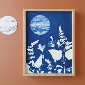 Wildflowers under the full moon cyanotype, 7x9,5 botanical print, blue moon poster for celestial stars lovers, Mothers' Day gift Cyanotype 6.