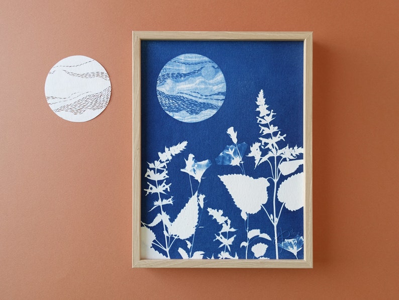 Pleine lune, Cyanotype 18x24 cm, affiche botanique bleue, cadeau original pour les amoureux des astres et des fleurs Cyanotype 6.
