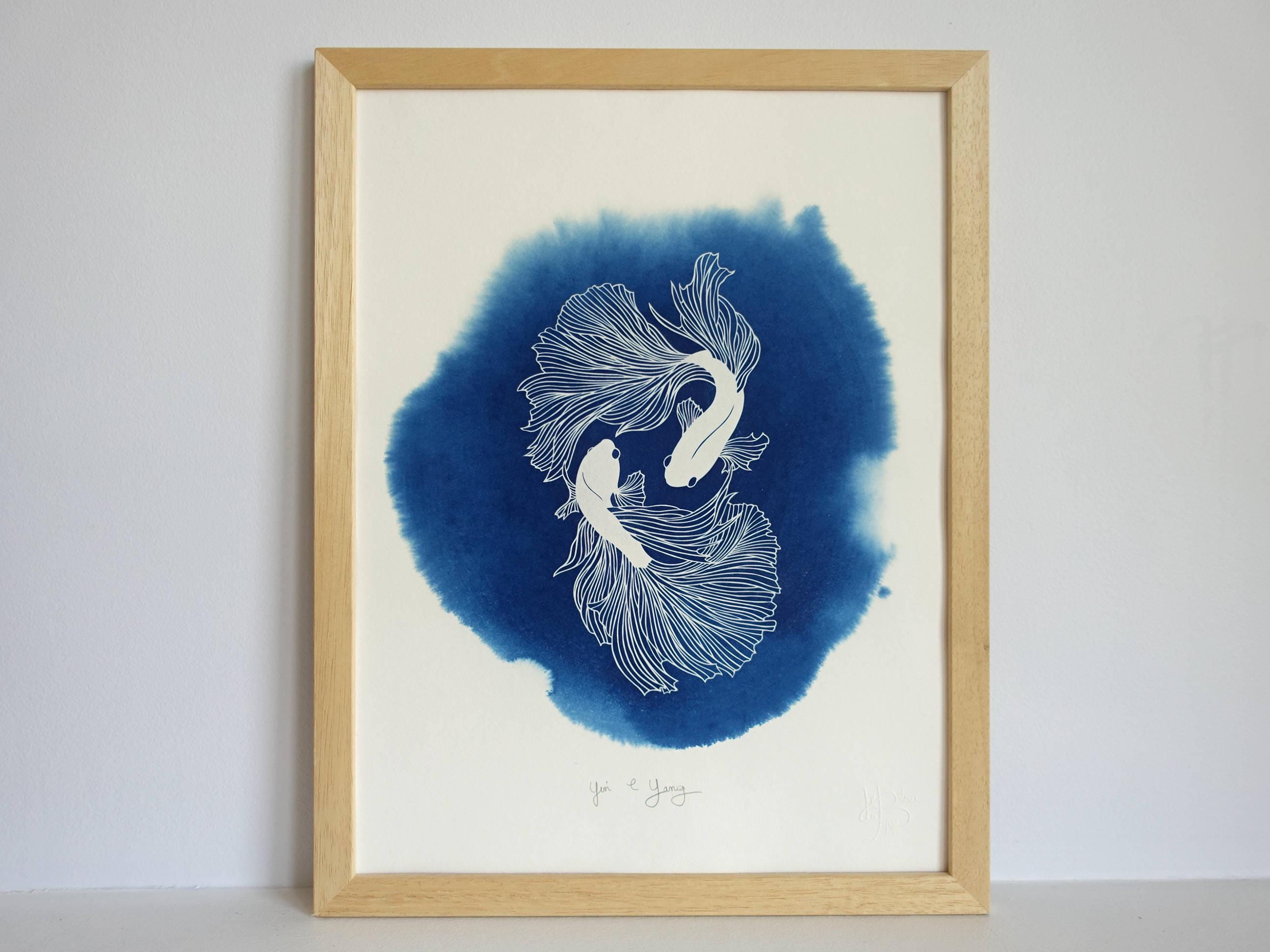 Betta Fish Original Cyanotype, Yin Yang Blue Wall Art, Feng Shui Wall ...