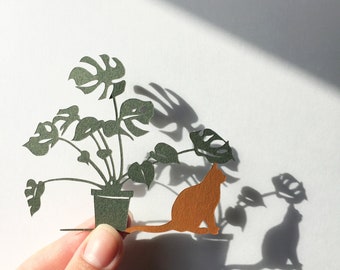 Monstera Deliciosa Papercut, Cat Silhouette, Botanical Wall Art, Personalized Gift for Crazy Cat Lady and houseplants Lovers, Cheese Plant