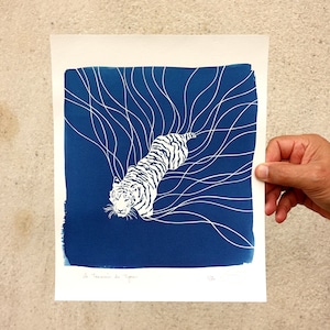 Swimming Bengal tiger illustration, cyanotype print, simple wall art for boho decor, blue and white Tiger wall art for nursery decor
