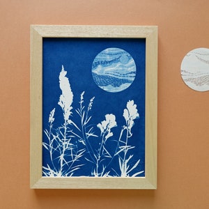 Wildflowers under the full moon cyanotype, 7x9,5 botanical print, blue moon poster for celestial stars lovers, Mothers' Day gift Cyanotype 4.