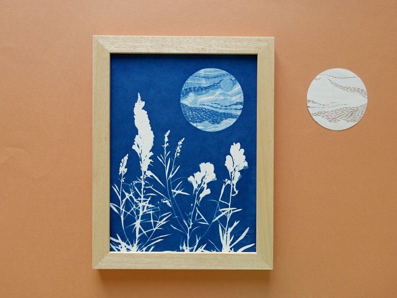 Wildflowers under the full moon cyanotype, 7x9,5 botanical print, blue moon poster for celestial stars lovers, Mothers' Day gift Cyanotype 4.