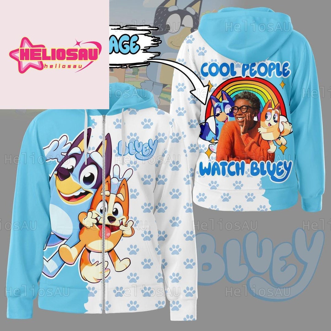 Personalized Bluey Hoodie, Custom Photo Bluey Hoodie, Bluey Zip Hoodie, Bluey Family Trendy