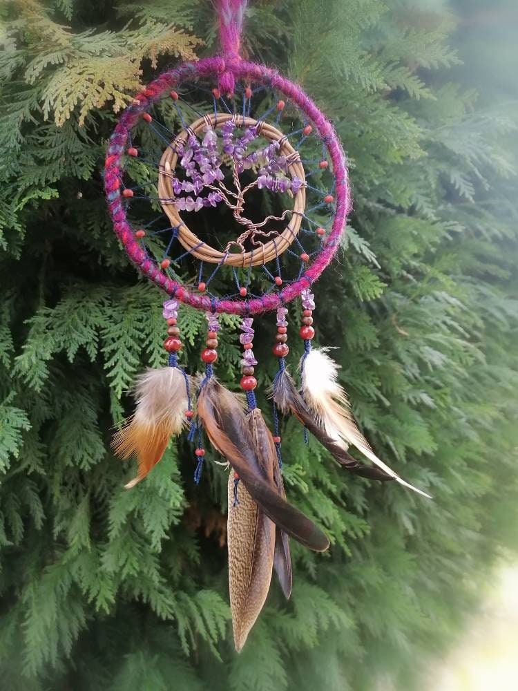Attrape Rêves Arbre de Vie en Pierre Naturelle Améthyste, Plumes Naturelles, Décoration Murale Bohèm