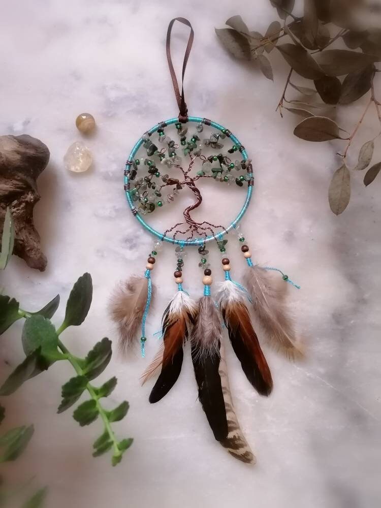 Attrape Rêves Arbre de Vie en Pierre Naturelle Agate, Plumes Naturelles, Décoration Murale Bohème, D