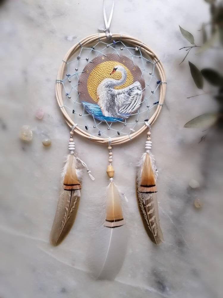 Attrape Rêves Totem Cygne, Dreamcatcher, Animal Guide, Pouvoir, Capteur de Rêves, Artiste Peintre, P