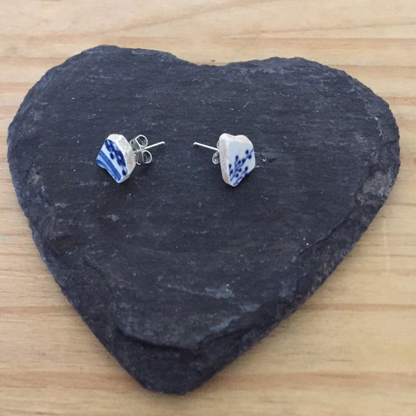 Blue and white pottery shard earrings  - from mudlark finds