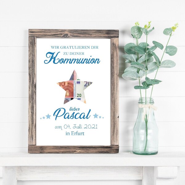 Gift of money | Communion Confirmation | Jugendweihe | by name | Customizable | with star | Colour selection possible