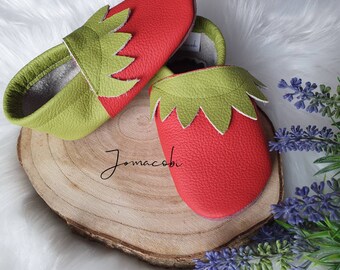 Leather slippers | Crawling shoes | with barefoot feeling | Strawberry | Shoes for little Christmas elves