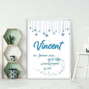 Wandbild,Poster, Geburtstagsposter zur Geburt oder Geburtstag, fürs Kinderzimmer,mit Namen personalisierbar,mit blauen Sternen