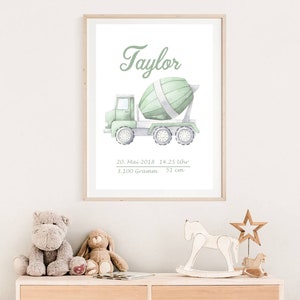 Wandbild,Poster, Geburtstagsposter zur Geburt oder Geburtstag, fürs Kinderzimmer,mit Namen personalisierbar, Baustelle, Betonmischer, Jungs