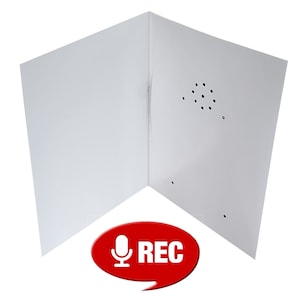May include: A white, open folder with a series of small holes and a red speech bubble with the word "REC" and a microphone icon. The folder is open, revealing its interior.