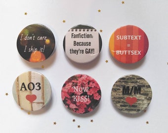 Fanfiction Badges Set 2. Fanfic, geek, fandom, fangirl, fanboy, lgbt, ship, Supernatural, gay, pride, buttons