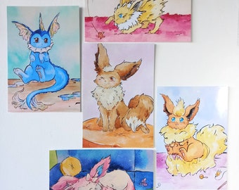 A6 Prints of my watercolour eeveelution paintings.