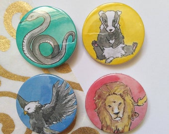 Watercolour Animal Badges. Lion, snake, badger, eagle badges, buttons, pins. Watercolor, original.