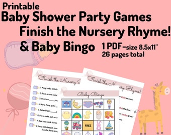 Printable Baby Shower Party Games- Finish the Nursery Rhyme & Baby Bingo