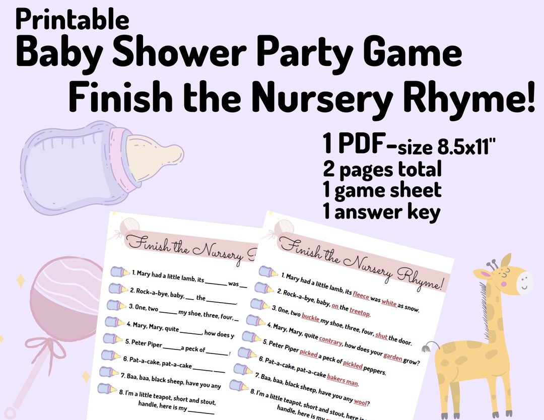 Printable Baby Shower Party Game- Finish the Nursery Rhyme W/ Answer Key- UNISEX - Etsy