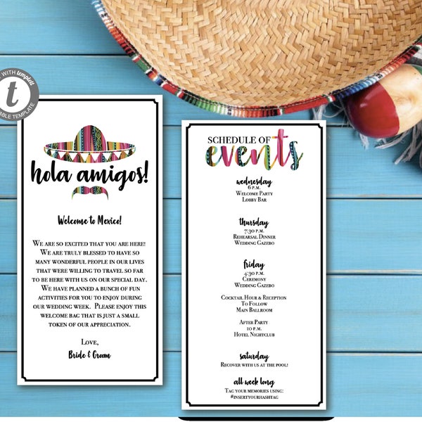 Itinerario de boda de destino en México, Carta de bienvenida de boda de destino, Itinerario de fiesta nupcial, Plantilla editable, MX100